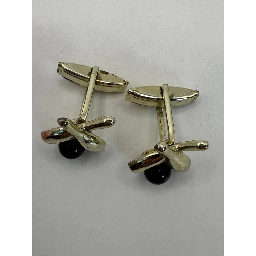 Vintage Bowling Cufflinks Gold Tone Bowling Pins with Black Ball Novelty Jewelry